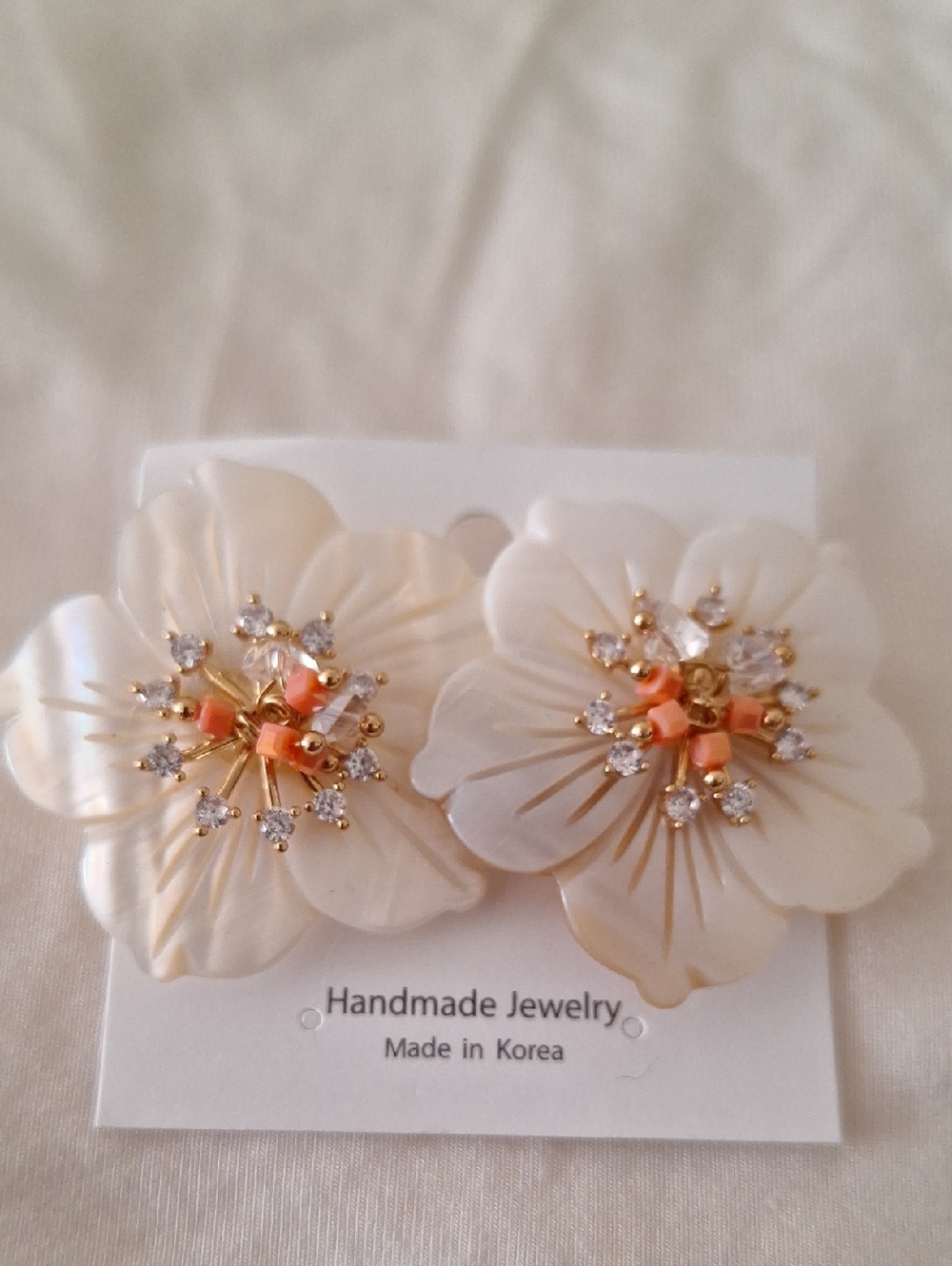Handmade Floral Statement Earrings in Mother Of Pearl  with Gold & Coral Accents